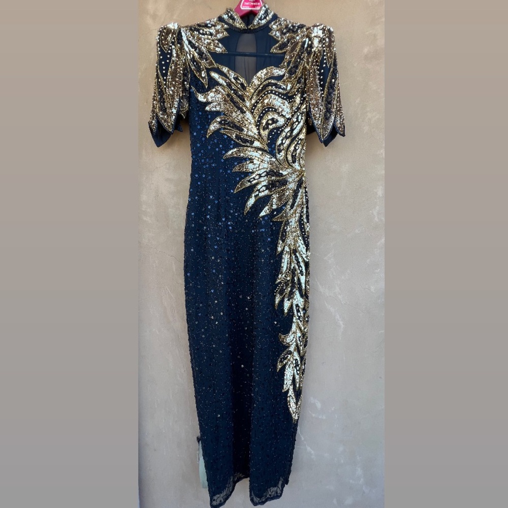Vintage Black and Gold Embellished Maxi Dress